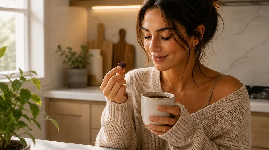 Woman enjoying a feel it Gummies daily ritual