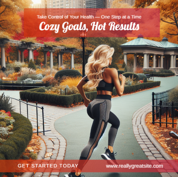 Cozy Goals Hot Results fitness template showing woman running in autumn park