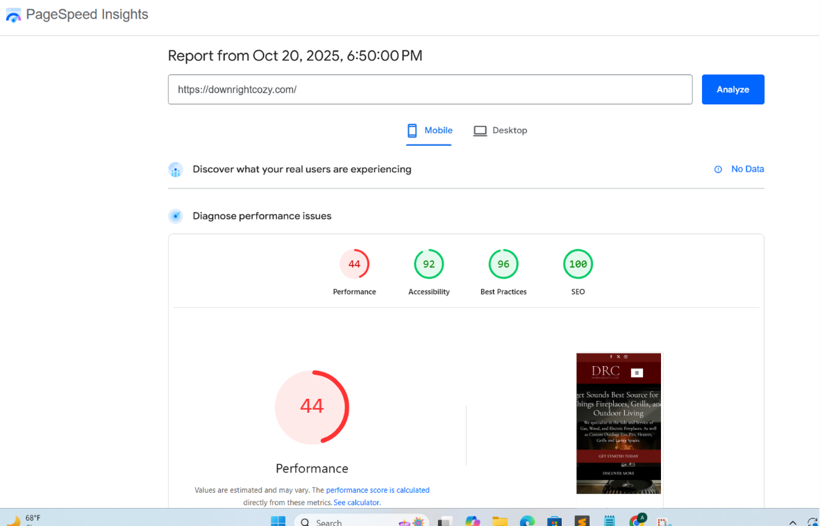 Website speed before optimization