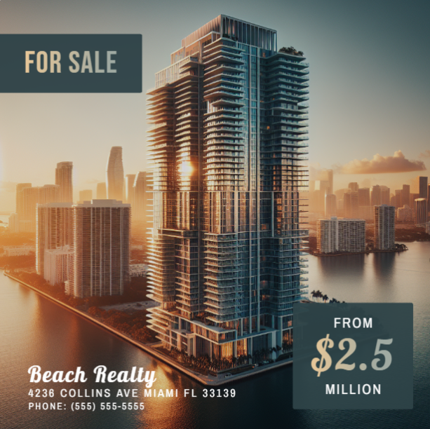Beach Realty Miami luxury condo real estate template showing oceanfront high-rise at sunset