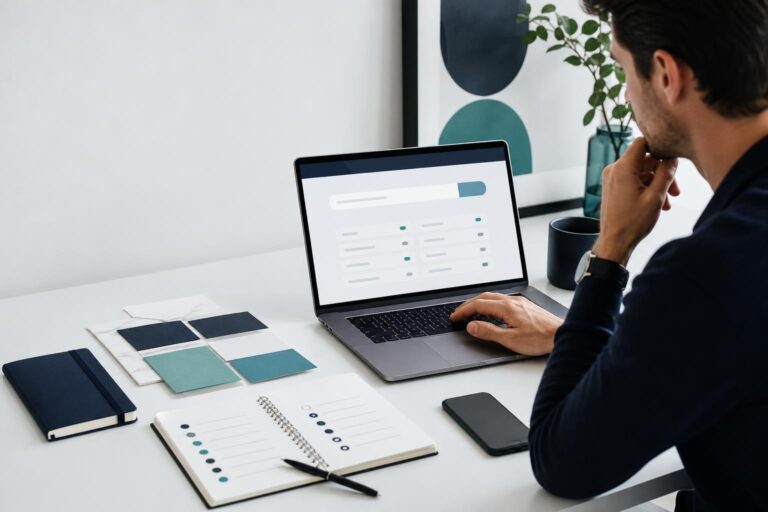 Founder comparing domain name options on a laptop before launching a new business