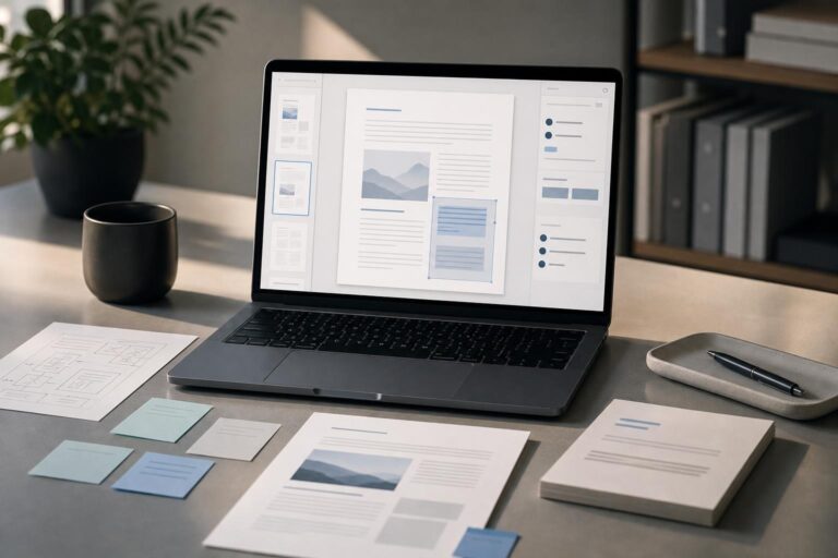 Modern workspace showing an AI-assisted business document moving from rough notes to a polished draft.