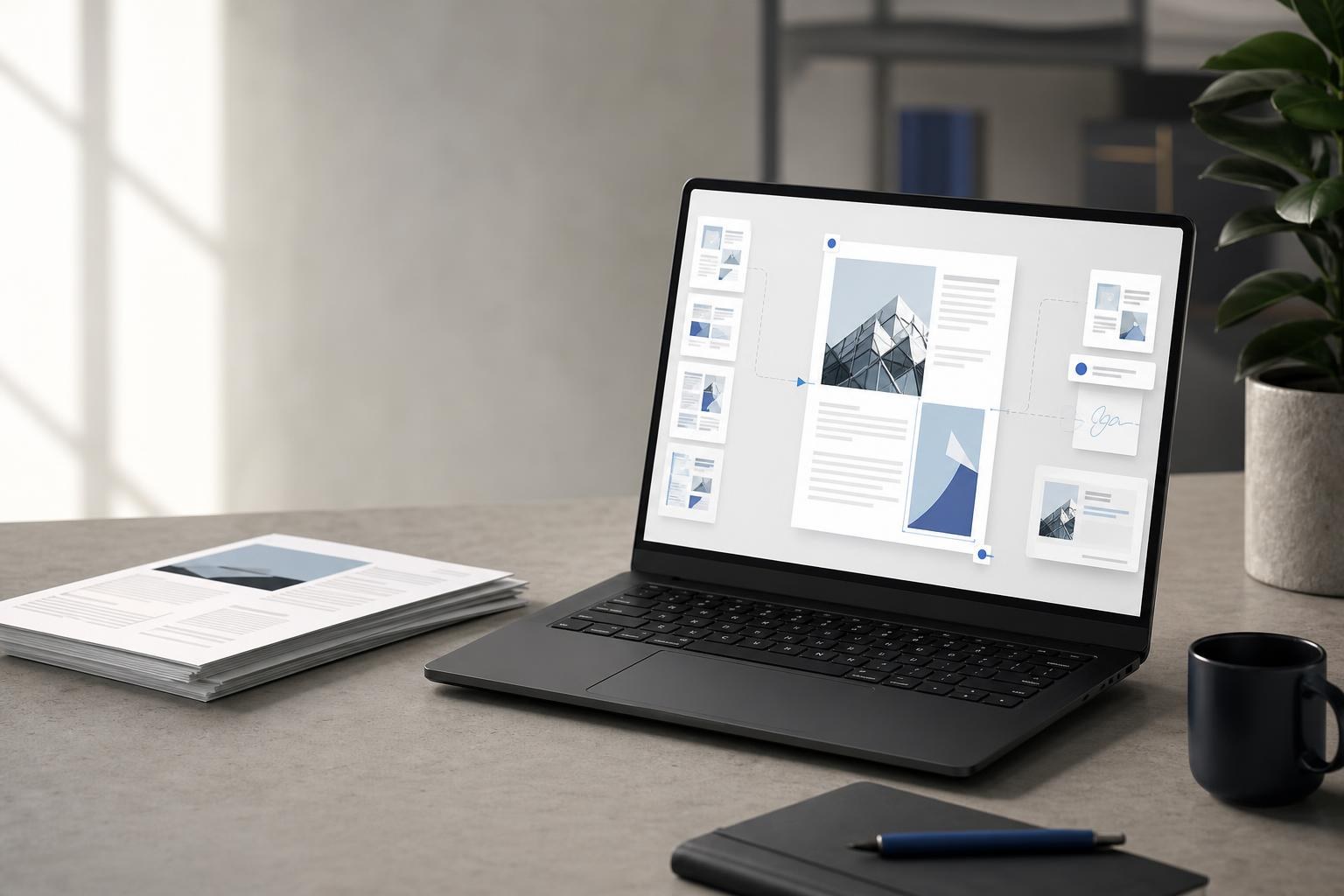Organized small-business workspace with a laptop showing a clean PDF editing workflow