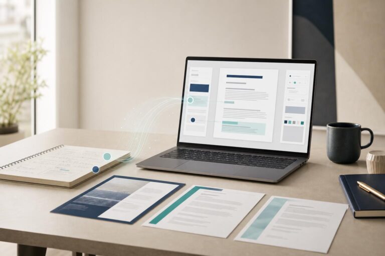 Modern business workspace showing an AI-assisted document editing workflow on a laptop