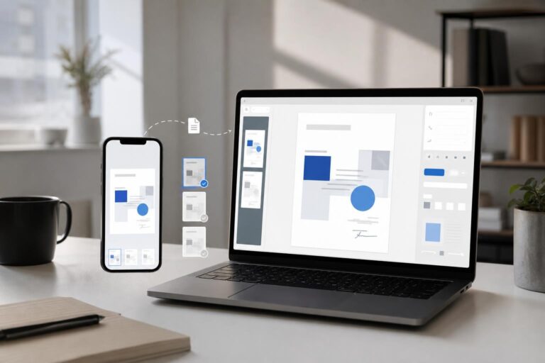 Organized cross-device PDF workflow shown on a smartphone and laptop in a modern workspace