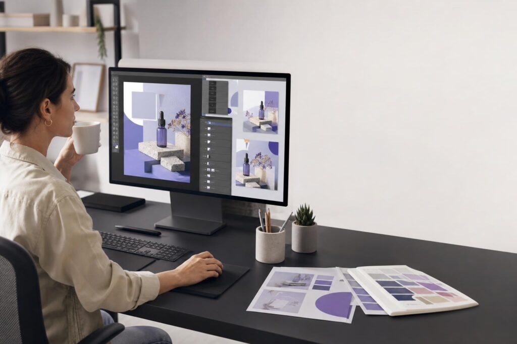 Entrepreneur building coordinated advertising and launch graphics in a modern image editing workspace.
