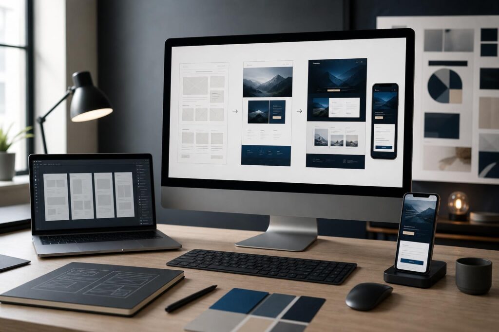 Desktop workspace showing service website wireframes, polished page layouts and a mobile interface preview.