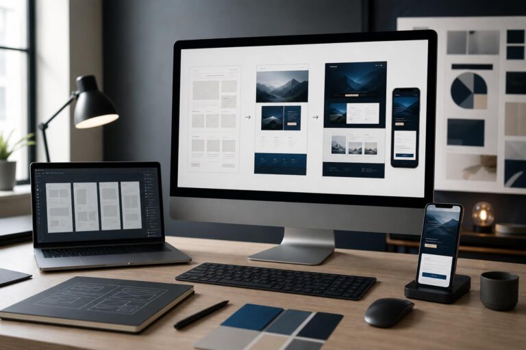 Desktop workspace showing service website wireframes, polished page layouts and a mobile interface preview.