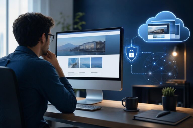 Business owner comparing website hosting with SSL protection and backup recovery concepts