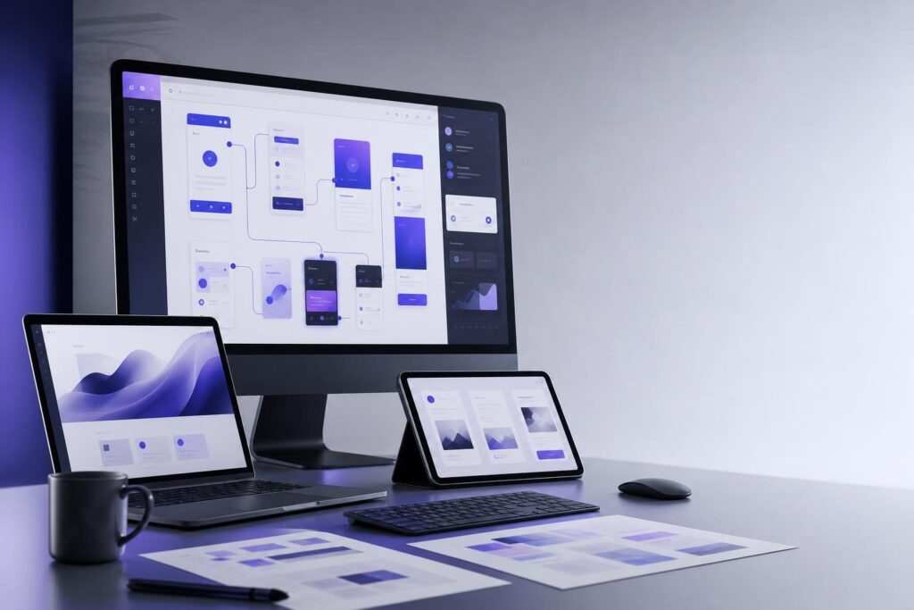 Modern workspace showing SaaS interface wireframes and a customer-ready product design workflow