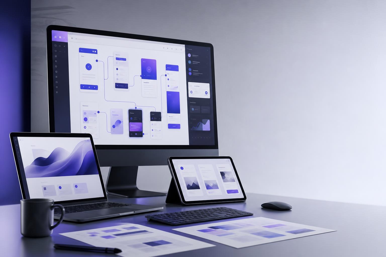 Modern workspace showing SaaS interface wireframes and a customer-ready product design workflow