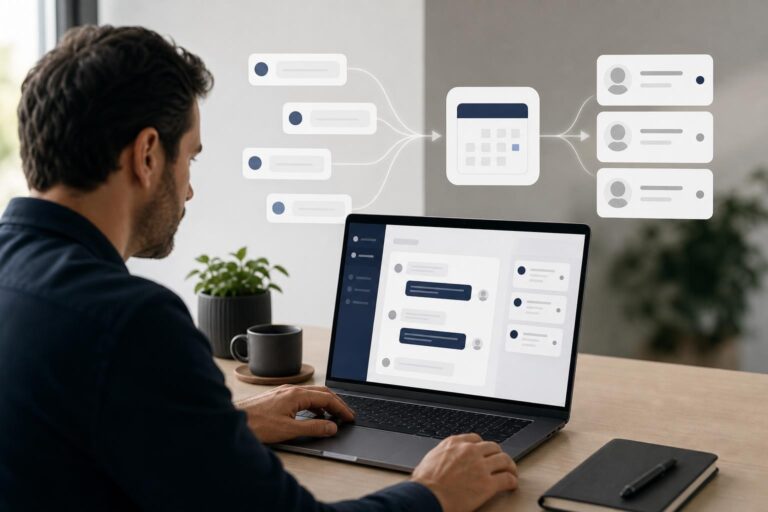 Local service business owner reviewing AI customer conversations that guide leads toward booking
