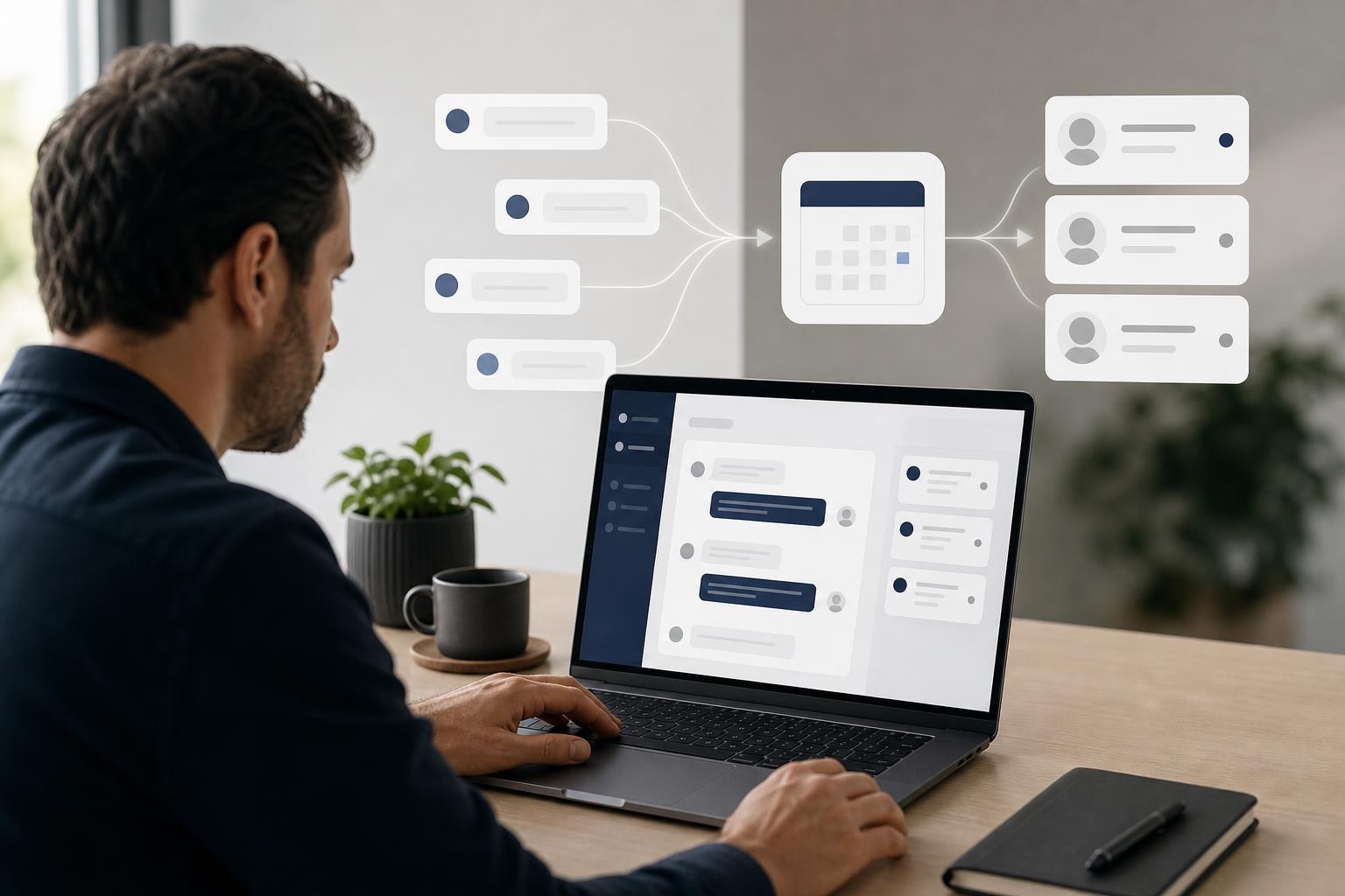 Local service business owner reviewing AI customer conversations that guide leads toward booking