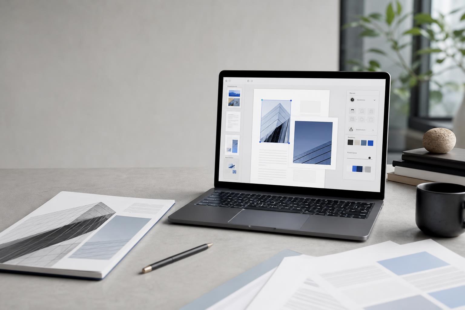 Modern business workspace with a laptop showing an online PDF editing workflow