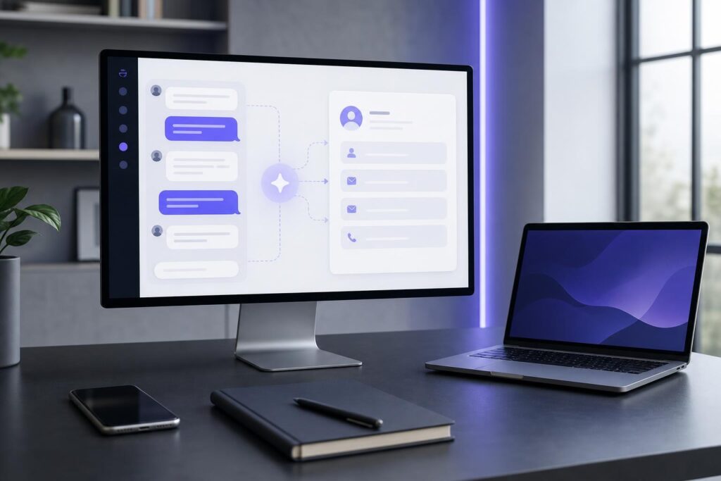 Modern business workspace showing an AI customer conversation organizing inquiry details into a clear lead-capture workflow.