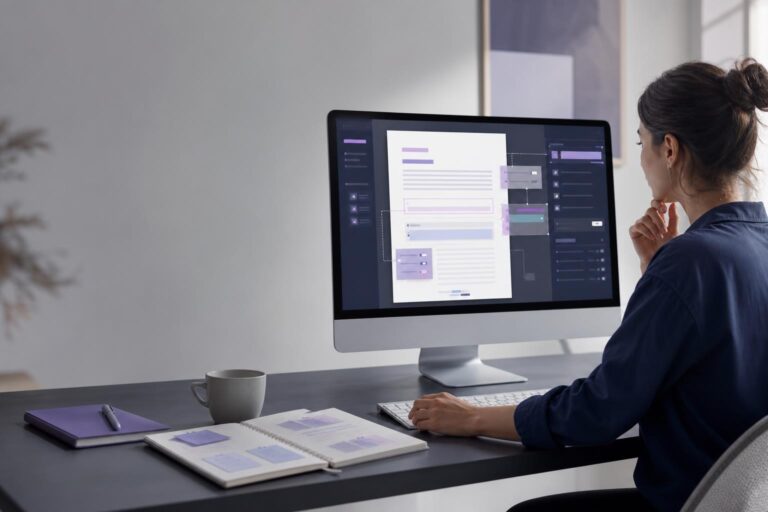 Business owner using an AI-assisted document editing workflow at a modern desktop workspace.