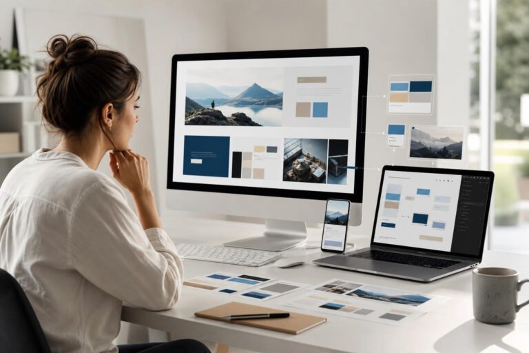 Small-business owner reviewing an AI-assisted website layout on desktop and mobile screens