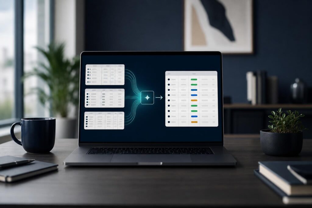Messy lead data being organized into a clean AI-assisted sales spreadsheet on a laptop