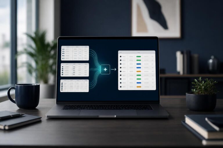 Messy lead data being organized into a clean AI-assisted sales spreadsheet on a laptop