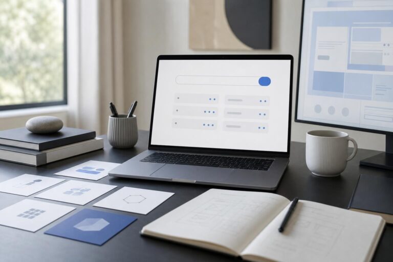 Modern workspace for comparing domain name ideas before creating a business brand and website