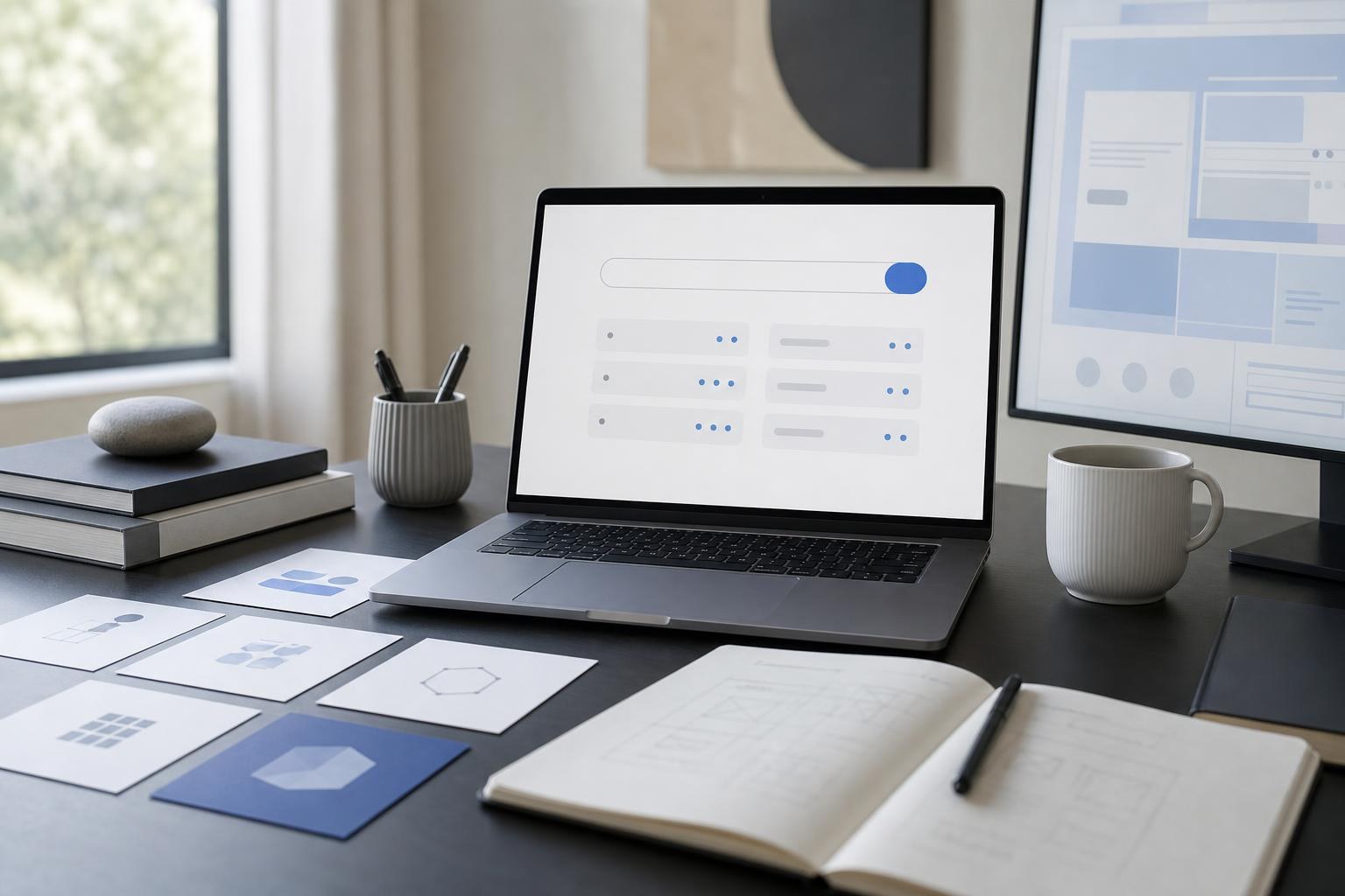 Modern workspace for comparing domain name ideas before creating a business brand and website