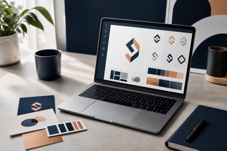 Modern workspace showing an abstract AI-assisted logo concept and brand direction workflow