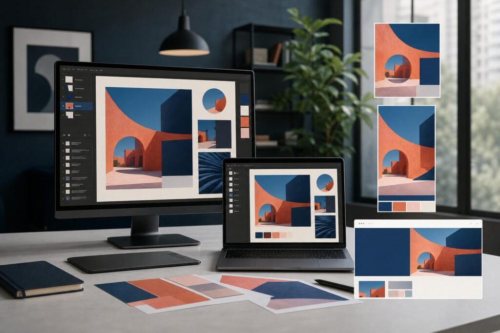 One campaign concept adapted into coordinated social, advertising and website visuals in a modern AI image editing workspace.