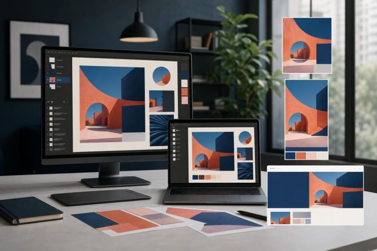 One campaign concept adapted into coordinated social, advertising and website visuals in a modern AI image editing workspace.