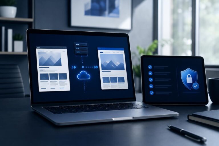 Business website migration workflow displayed on a laptop in a modern workspace
