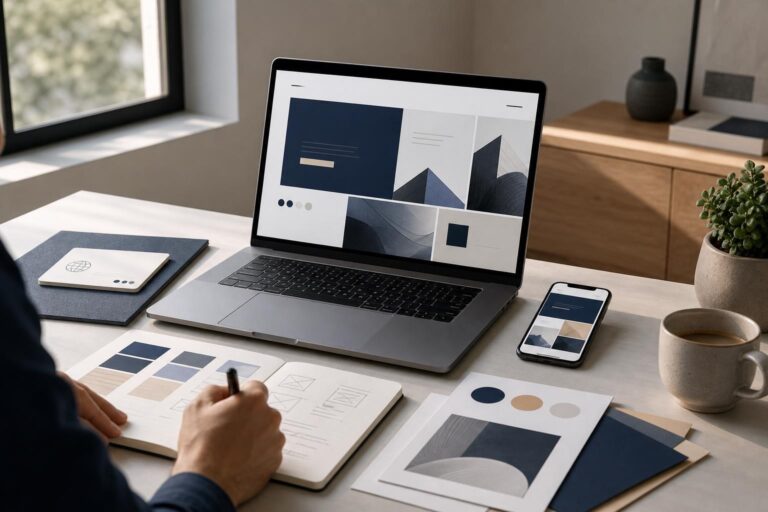 Laptop and smartphone displaying a new business website during a brand, domain, copy and mobile launch review