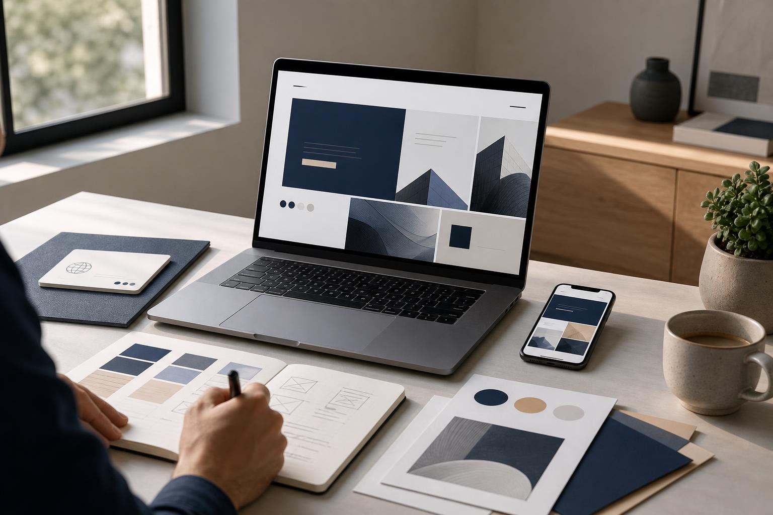 Laptop and smartphone displaying a new business website during a brand, domain, copy and mobile launch review