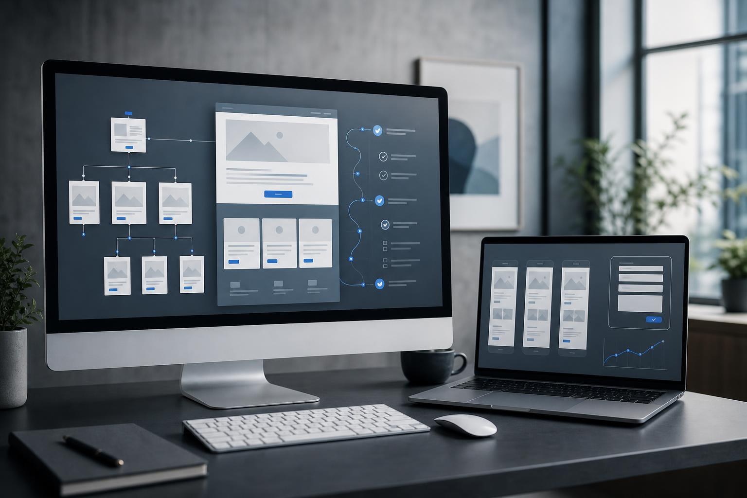 Conversion-focused service business website layouts displayed on a modern desktop and laptop workspace.