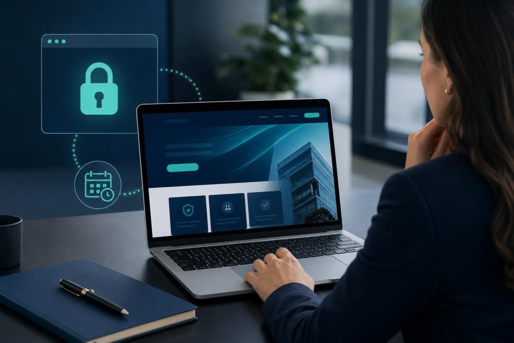 Business owner checking a website SSL certificate and expiration status on a laptop