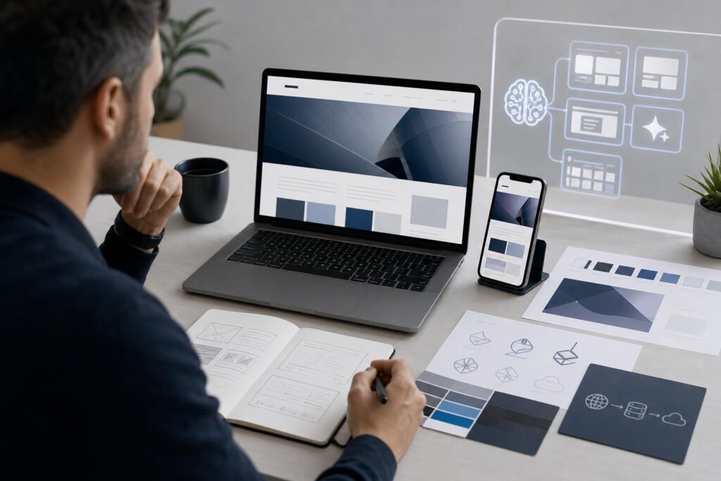 Founder reviewing brand assets, website sections and a mobile layout before building a new business website