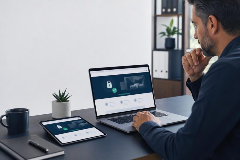 Business owner checking a website’s HTTPS and SSL status on a laptop