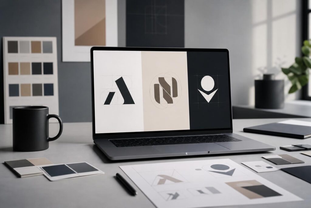 Wordmark, monogram and symbol logo concepts compared on a modern design workspace