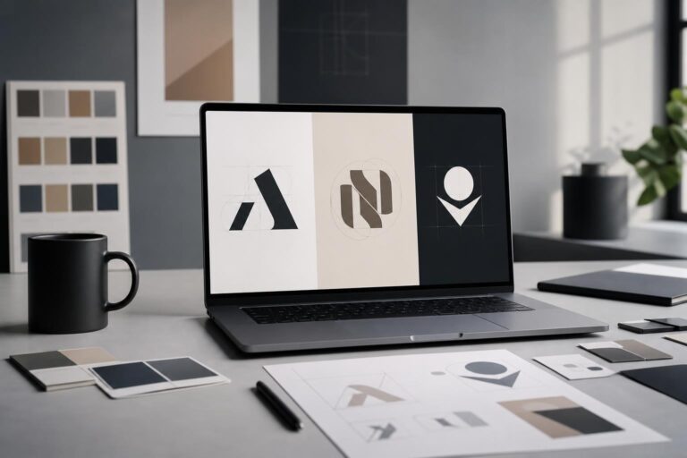 Wordmark, monogram and symbol logo concepts compared on a modern design workspace