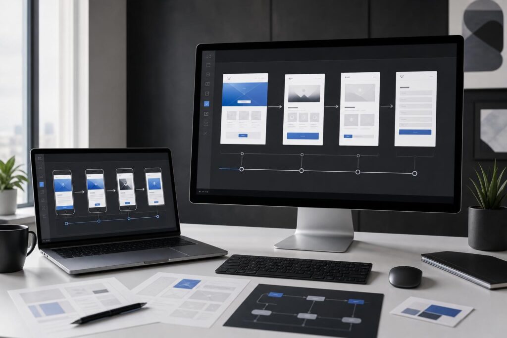 Website and product redesign workspace showing connected customer-flow screens