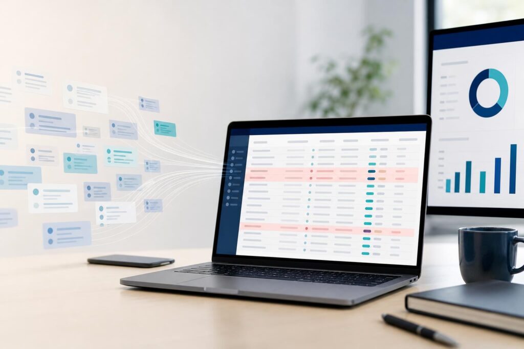 Business workspace showing messy operational records being organized into a clean spreadsheet before reporting.