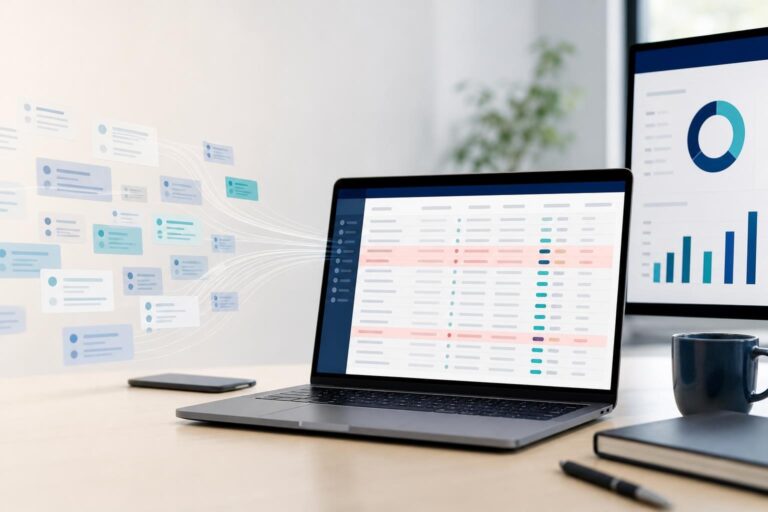 Business workspace showing messy operational records being organized into a clean spreadsheet before reporting.