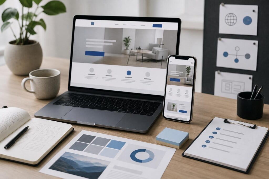 Laptop and smartphone displaying polished website layouts during a new business launch review