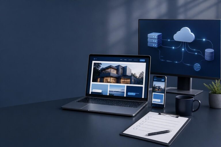 Business workspace prepared for a website hosting migration with desktop and mobile website previews.