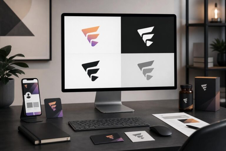 Logo concept displayed in primary, reverse, one-color and grayscale variations across digital and print mockups.