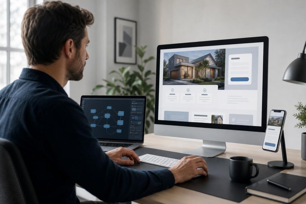 Local service business owner reviewing an AI-generated website on desktop and mobile screens