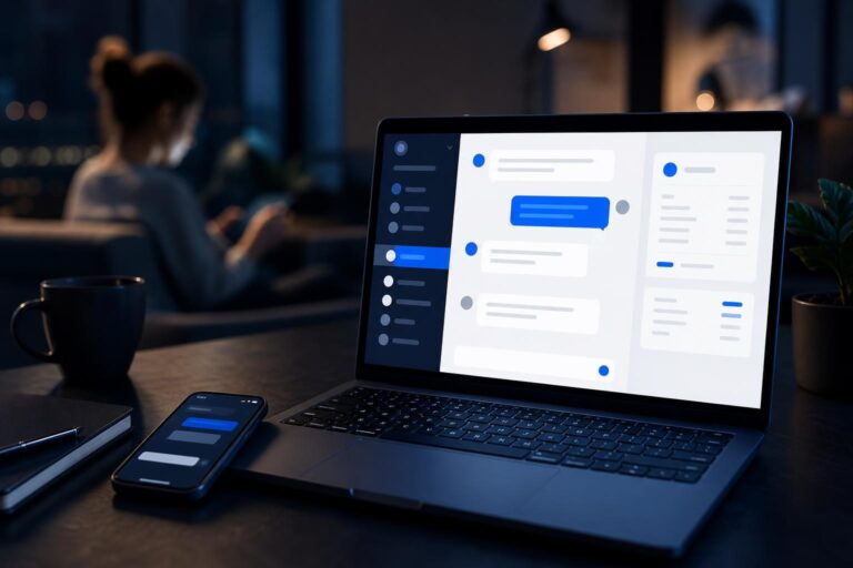 AI customer service bot handling an after-hours website lead conversation on a laptop