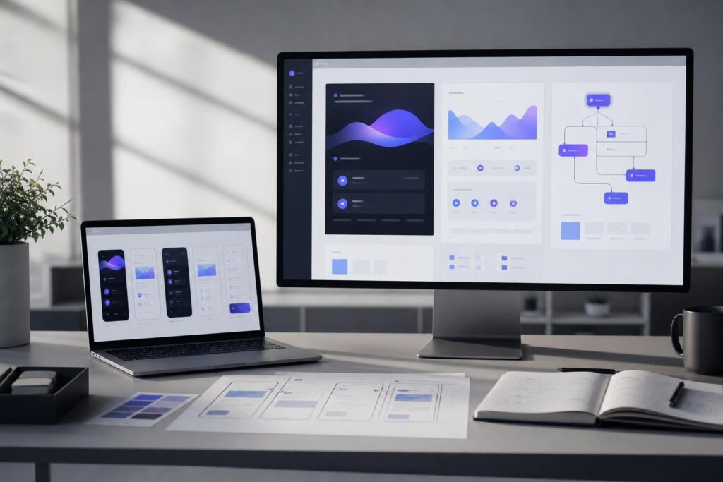 Premium SaaS UI design workspace showing connected landing page and product interface mockups