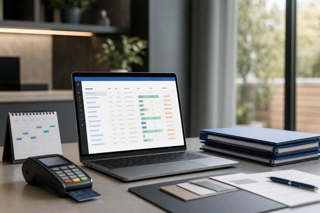 Service business workspace with a laptop displaying a structured jobs, payments and follow-ups spreadsheet