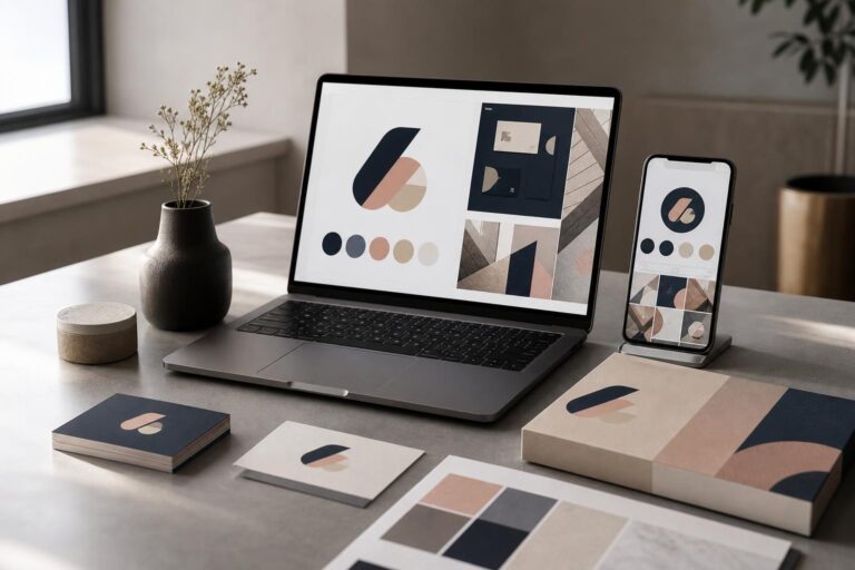 Logo color concepts being compared across a laptop, social profile and printed brand materials