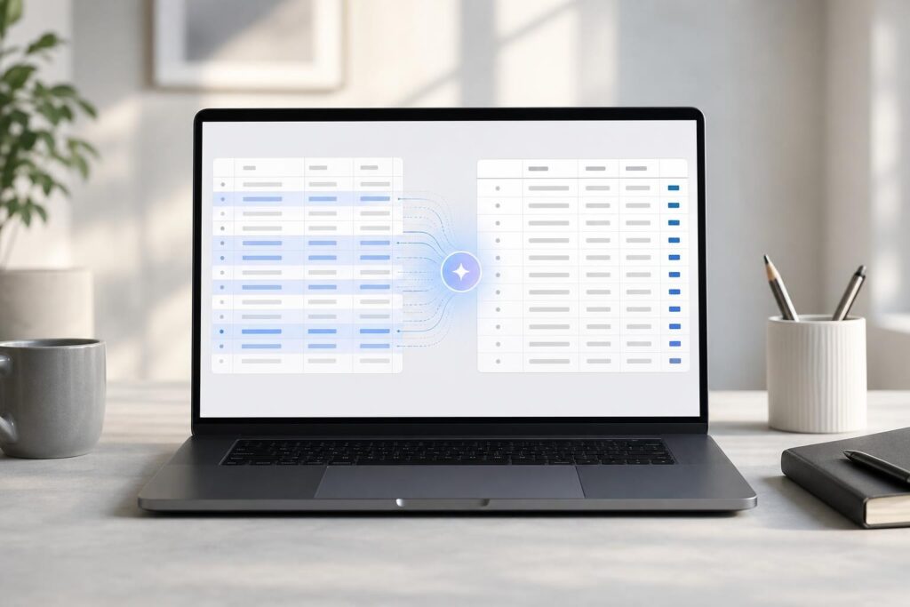 Modern laptop workspace showing an abstract spreadsheet data cleanup workflow for duplicate business records