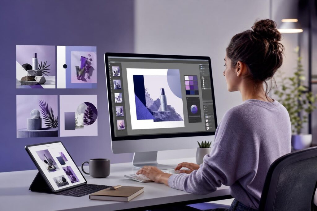 Small-business workspace with a layered social media graphic open in an AI image editor